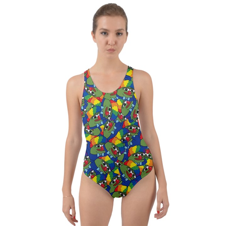 Clown World Pepe The Frog Honkhonk Meme Kekistan Funny Pattern Blue  Cut-Out Back One Piece Swimsuit