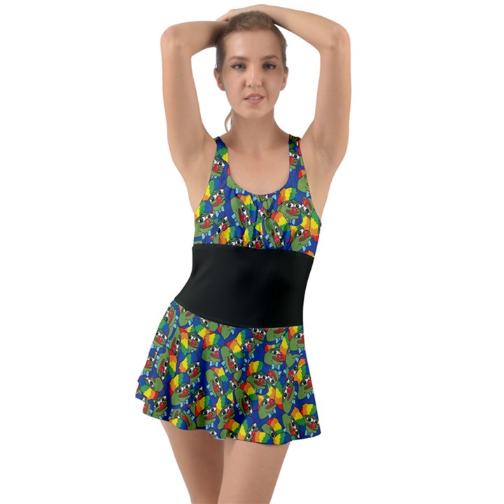 Clown World Pepe The Frog Honkhonk Meme Kekistan Funny Pattern Blue  Ruffle Top Dress Swimsuit