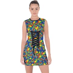 Clown World Pepe The Frog Honkhonk Meme Kekistan Funny Pattern Blue  Lace Up Front Bodycon Dress by snek