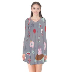 Funny Christmas Pattern Long Sleeve V-neck Flare Dress by Vaneshart