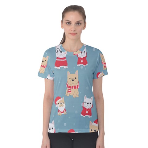 Cute French Bulldog Puppy Dog Christmas Costume Seamless Pattern Women s Cotton Tee by Vaneshart