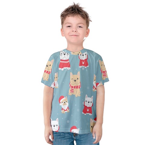 Cute French Bulldog Puppy Dog Christmas Costume Seamless Pattern Kids  Cotton Tee by Vaneshart