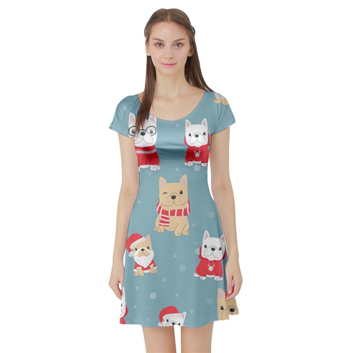 Cute French Bulldog Puppy Dog Christmas Costume Seamless Pattern Short Sleeve Skater Dress