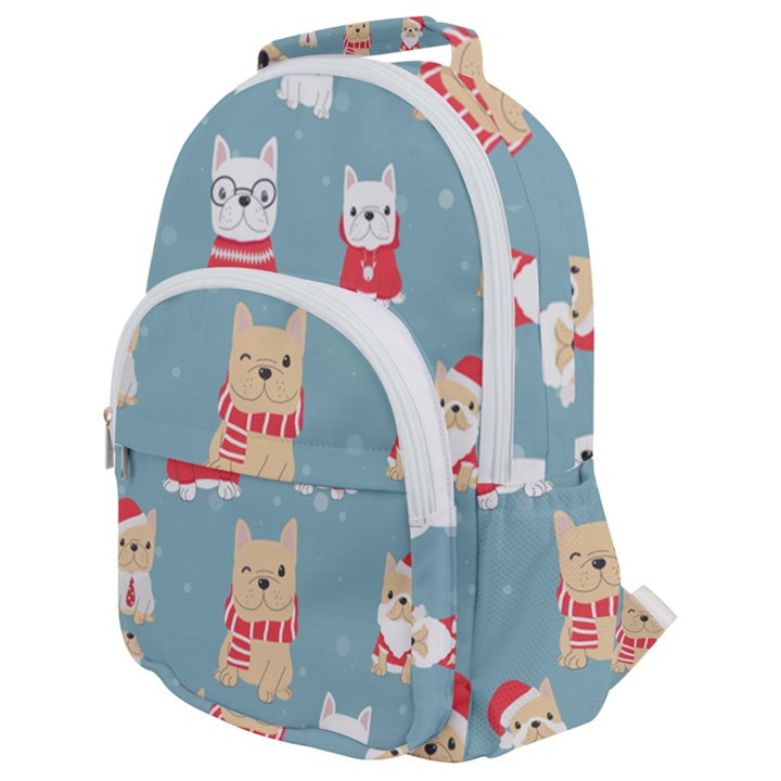 Cute French Bulldog Puppy Dog Christmas Costume Seamless Pattern Rounded Multi Pocket Backpack