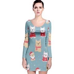 Cute French Bulldog Puppy Dog Christmas Costume Seamless Pattern Long Sleeve Velvet Bodycon Dress by Vaneshart