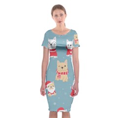 Cute French Bulldog Puppy Dog Christmas Costume Seamless Pattern Classic Short Sleeve Midi Dress by Vaneshart