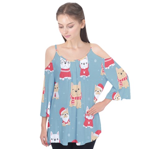 Cute French Bulldog Puppy Dog Christmas Costume Seamless Pattern Flutter Tees by Vaneshart