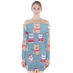 Cute French Bulldog Puppy Dog Christmas Costume Seamless Pattern Long Sleeve Off Shoulder Dress by Vaneshart