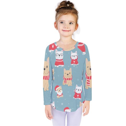 Cute French Bulldog Puppy Dog Christmas Costume Seamless Pattern Kids  Long Sleeve Tee by Vaneshart