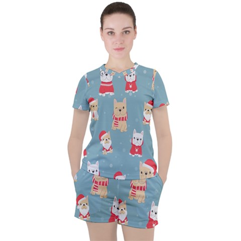 Cute French Bulldog Puppy Dog Christmas Costume Seamless Pattern Women s Tee And Shorts Set by Vaneshart