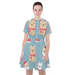 Cute French Bulldog Puppy Dog Christmas Costume Seamless Pattern Sailor Dress by Vaneshart