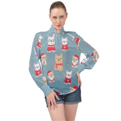 Cute French Bulldog Puppy Dog Christmas Costume Seamless Pattern High Neck Long Sleeve Chiffon Top by Vaneshart