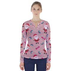 Cute Christmas Santa Seamless Pattern V-neck Long Sleeve Top by Vaneshart