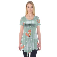 Cute Fox Christmas Winter Seamless Pattern Short Sleeve Tunic  by Vaneshart