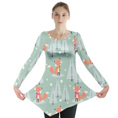 Cute Fox Christmas Winter Seamless Pattern Long Sleeve Tunic  by Vaneshart