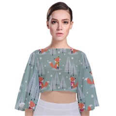 Cute Fox Christmas Winter Seamless Pattern Tie Back Butterfly Sleeve Chiffon Top by Vaneshart