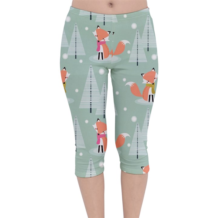 Cute Fox Christmas Winter Seamless Pattern Velvet Capri Leggings 