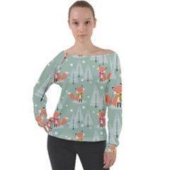 Cute Fox Christmas Winter Seamless Pattern Off Shoulder Long Sleeve Velour Top by Vaneshart