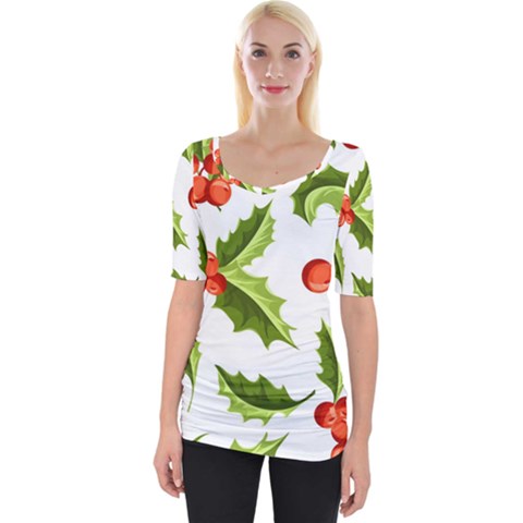 Christmas Holly Berry Seamless Pattern Wide Neckline Tee by Vaneshart