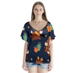 Colorful Funny Christmas Pattern V-neck Flutter Sleeve Top by Vaneshart