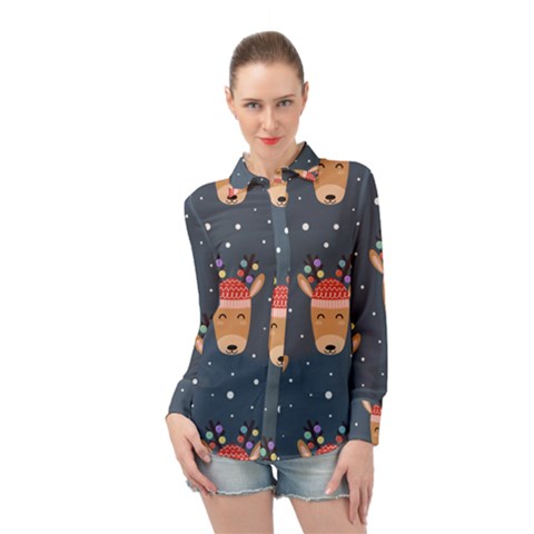 Cute Deer Heads Seamless Pattern Christmas Long Sleeve Chiffon Shirt by Vaneshart