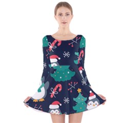 Colorful Funny Christmas Pattern Long Sleeve Velvet Skater Dress