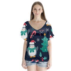 Colorful Funny Christmas Pattern V-neck Flutter Sleeve Top by Vaneshart