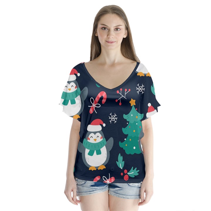 Colorful Funny Christmas Pattern V-Neck Flutter Sleeve Top