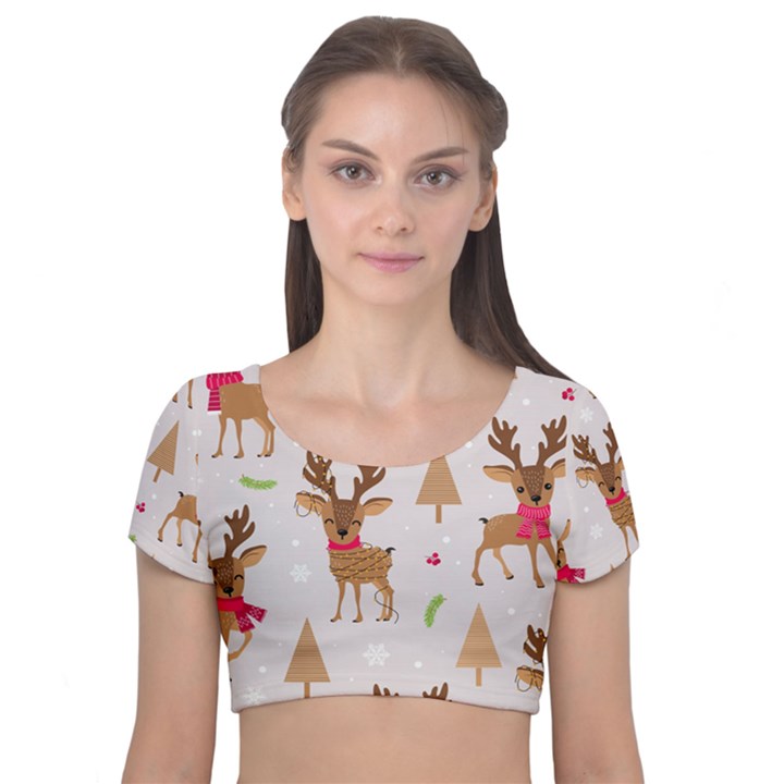 Christmas Seamless Pattern With Reindeer Velvet Short Sleeve Crop Top 