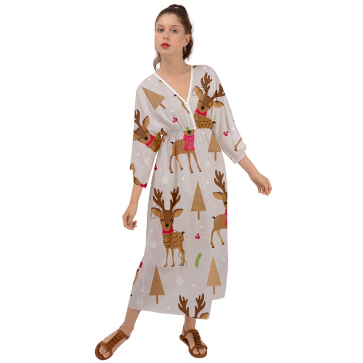 Christmas Seamless Pattern With Reindeer Grecian Style  Maxi Dress