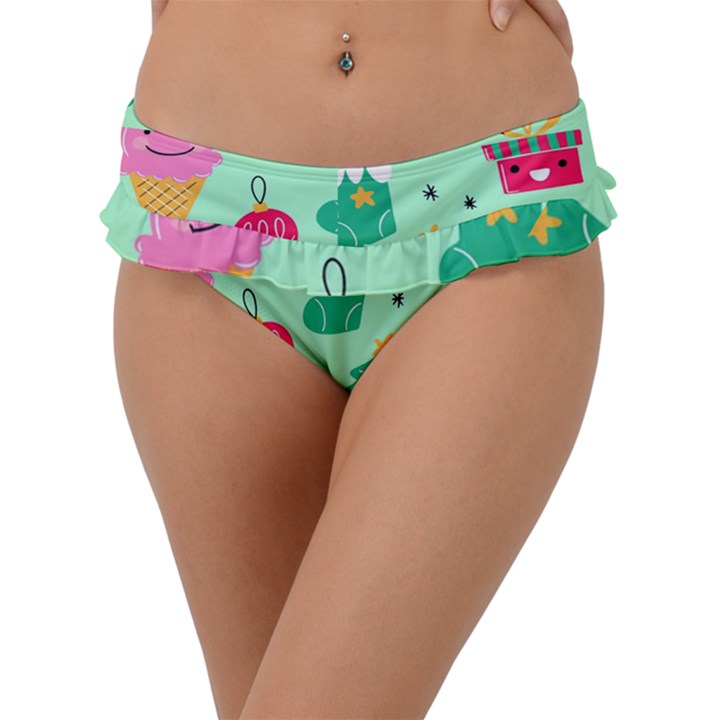 Funny Christmas Pattern Background Frill Bikini Bottom