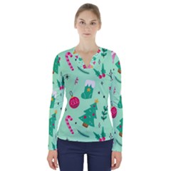 Funny Christmas Pattern Background V-neck Long Sleeve Top by Vaneshart