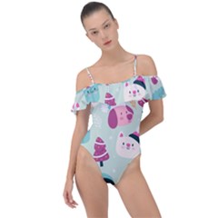 Pattern Funny Christmas Ho Ho Ho Frill Detail One Piece Swimsuit