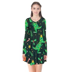 Christmas Funny Pattern Dinosaurs Long Sleeve V-neck Flare Dress by Vaneshart