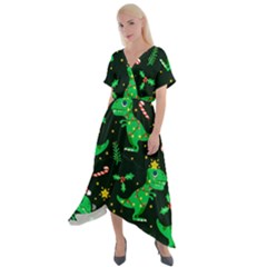 Christmas Funny Pattern Dinosaurs Cross Front Sharkbite Hem Maxi Dress by Vaneshart