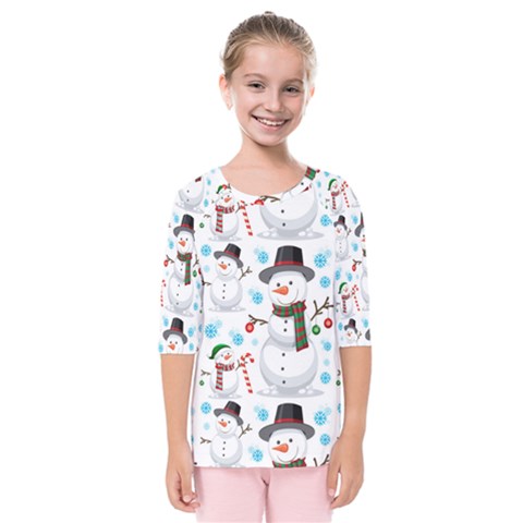 Christmas Snowman Seamless Pattern Kids  Quarter Sleeve Raglan Tee by Vaneshart