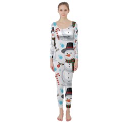 Christmas Snowman Seamless Pattern Long Sleeve Catsuit