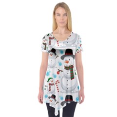 Christmas Snowman Seamless Pattern Short Sleeve Tunic  by Vaneshart