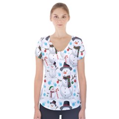 Christmas Snowman Seamless Pattern Short Sleeve Front Detail Top by Vaneshart