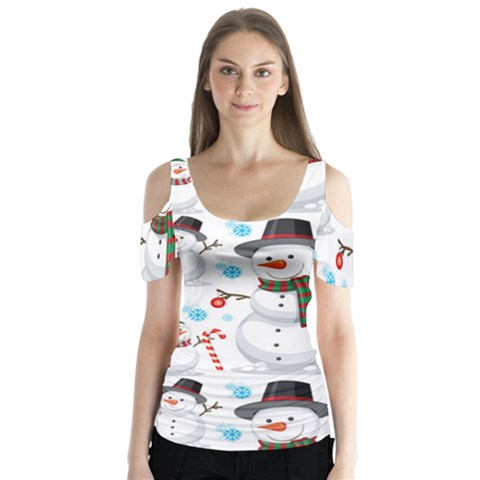 Christmas Snowman Seamless Pattern Butterfly Sleeve Cutout Tee  by Vaneshart