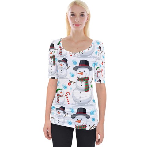 Christmas Snowman Seamless Pattern Wide Neckline Tee by Vaneshart