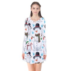 Christmas Snowman Seamless Pattern Long Sleeve V-neck Flare Dress by Vaneshart