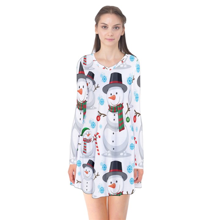 Christmas Snowman Seamless Pattern Long Sleeve V-neck Flare Dress