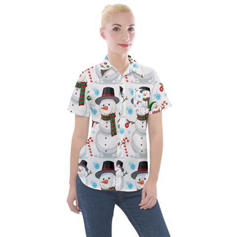 Christmas Snowman Seamless Pattern Women s Short Sleeve Pocket Shirt by Vaneshart