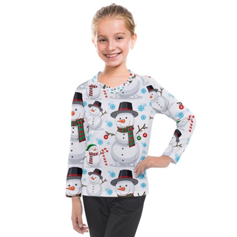 Christmas Snowman Seamless Pattern Kids  Long Mesh Tee by Vaneshart