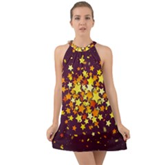 Colorful Confetti Stars Paper Particles Scattering Randomly Dark Background With Explosion Golden St Halter Tie Back Chiffon Dress