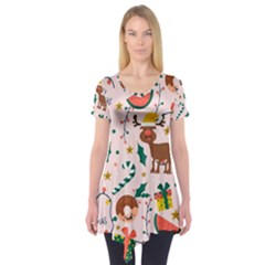 Colorful Funny Christmas Pattern Merry Xmas Short Sleeve Tunic  by Vaneshart