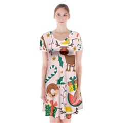 Colorful Funny Christmas Pattern Merry Xmas Short Sleeve V-neck Flare Dress by Vaneshart