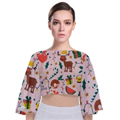 Colorful Funny Christmas Pattern Merry Xmas Tie Back Butterfly Sleeve Chiffon Top by Vaneshart