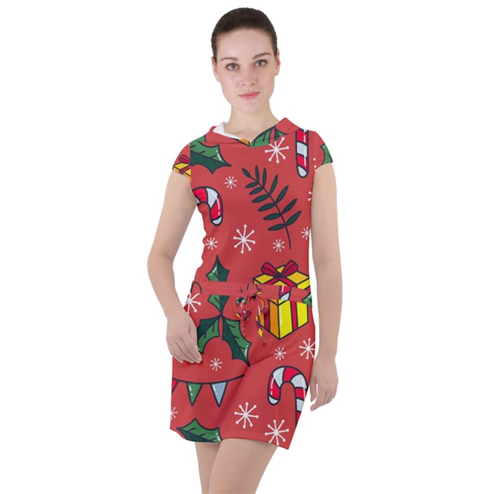 Colorful Funny Christmas Pattern Drawstring Hooded Dress